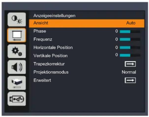 Anzeigeeinstellungen Ansicht Auto Phase 0 Frequenz 0 Horizontale Position 0 Vertikale Position 0 Trapezkorrektur Projektionsmodus Normal Erweitert