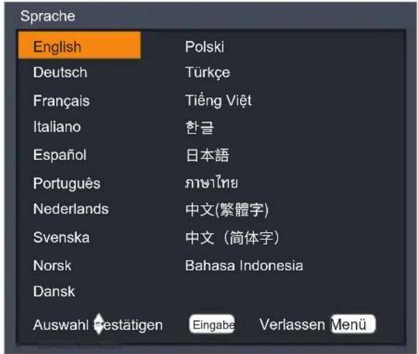 Sprache English Deutsch Français Italiano Español Português Nederlands Svenska Norsk Dansk Ausbwahrestätigen Polski Türkçe Tiếng Việt 한글 日本語 ภาษาไทย 中文(繁體字) 中文（简体字） Bahasa Indonesia Eingabe Verlassen Menü