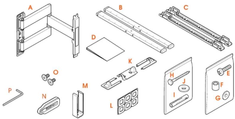 Exploded view diagram of mechanical assembly components with labeled parts A through P