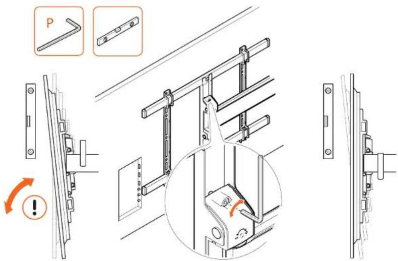 Technical diagram illustrating door lock mechanism with labeled components and warning indicators