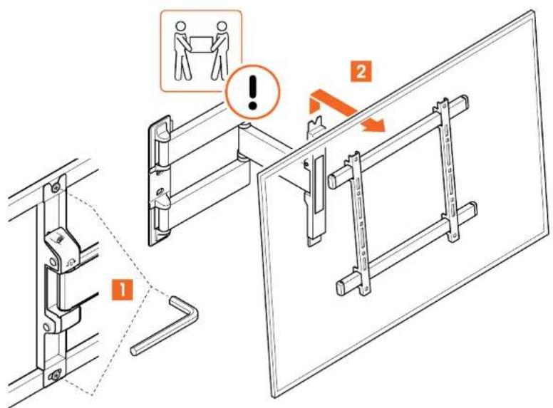 Technical diagram showing installation steps with labeled components and warning indicators