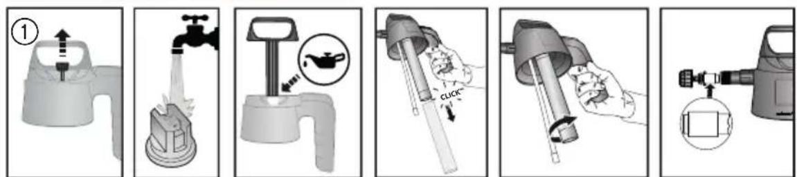 Illustration showing a hand using a water dispenser to lift a faucet, with labeled components and instructions in Chinese.