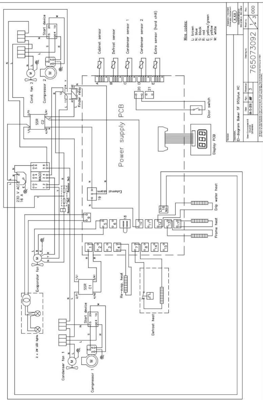 2 x 2W LED lights Condenser fan 1 Compressor 1 Start device S 20 4/42 R N L N M L N E N Y R Evaporator fan SSR C1 SSR C2 Resistor 5kΩ Resistor 5kΩ 2/T1 1/L1 1/1 4/A2 3/A1 1/1 R R Re-evap. heat Defrost heat Power supply PCB External alarm 19 18 10° 11° 12° 13° 14° 15° L0 16 NO. Frame heat Drip water heat Display PCB Door switch Cond. fan 2 Compressor 2 Finder relay A B C D E F A1 A2 A3 A4 A5 A6 A7 A8 A9 A10 A11 A12 A13 A14 A15 A16 A17 A18 A19 A20 A21 A22 A23 A24 A25 A26 A27 A28 A29 A30 A31 A32 A33 A34 A35 A36 A37 A38 A39 A40 A41 A42 A43 A44 A45 A46 A47 A48 A49 A50 A51 A52 A53 A54 A55 A56 A57 A58 A59 A60 A61 A62 A63 A64 A65 A66 A67 A68 A69 A70 A71 A72 A73 A74 A75 A76 A77 A78 A79 A80 A81 A82 A83 A84 A85 A86 A87 A88 A89 A90 A91 A92 A93 A94 A95 A96 A97 A98 A99 A100