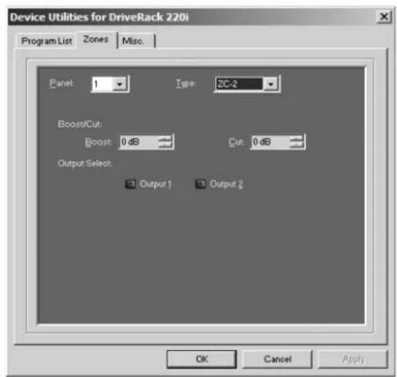 Device Utilities for DriveRack 220i Program List Zones Misc. Panel: 1 Type: 2C-2 Boost/Cut: Boost: 0 dB Cut: 0 dB Output Select: Output 1 Output 2 OK Cancel Apply