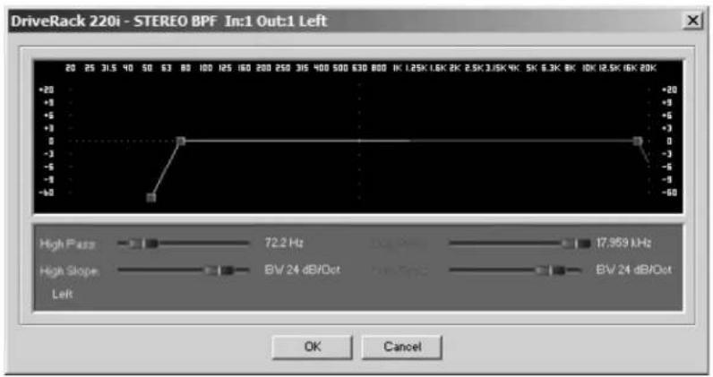 DriveRack 220i - STEREO BPF In:1 Out:1 Left High Pass 72.2 Hz High Slope BV/24 dB/Oct BV/24 dB/Oct Left OK Cancel