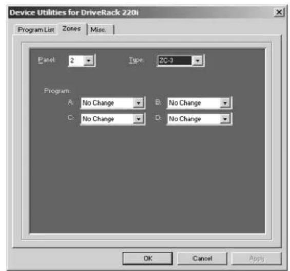 Device Utilities for DriveRack 220i Program List Zones Misc. Panel 2 Type 2C-3 Program: A: No Change B: No Change C: No Change D: No Change OK Cancel Apply