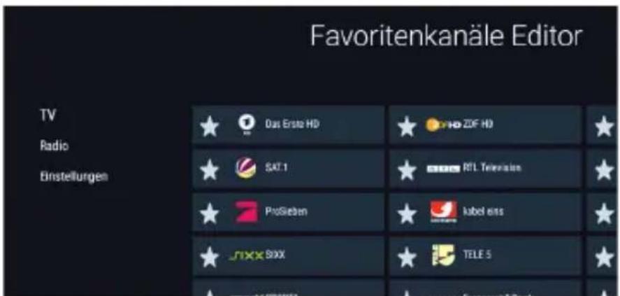 Favoritenkanäle Editor TV Radio Einstellungen Das Erste HD SAT.1 ProSieben JXXX Sixx ZOF HD ZOF HD RTL Televisions kabel eins TELE 5