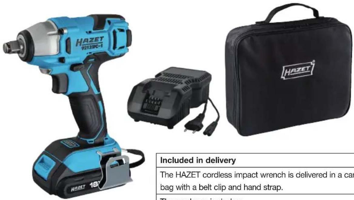 Product photo of a HAZET 192128C-1 electric drill kit with labeled components and descriptive text.