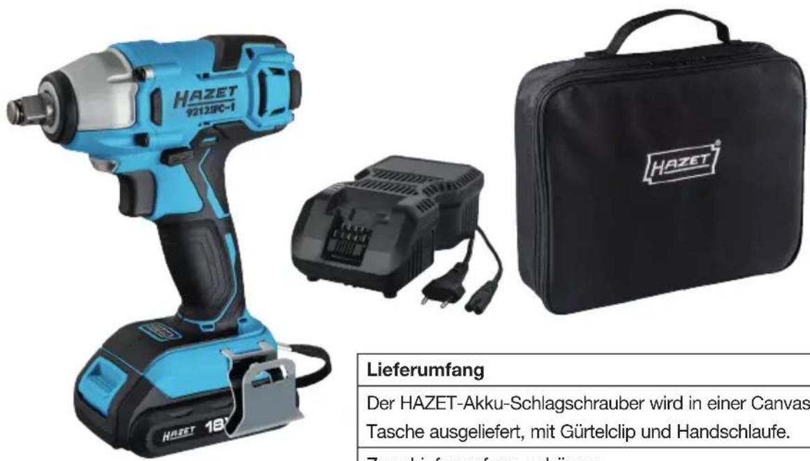 HAZET 92129C-1 HAZET HAZET 192129C-1 Lieferumfang Der HAZET-Akku-Schlagschrauber wird in einer Canvas Tasche ausgeliefert, mit Gürtelclip und Handschlaufe. Zum Lieferumfang gehören