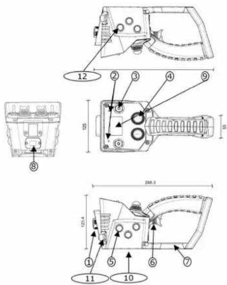 Technical diagram of a mechanical device with numbered components and dimensional annotations