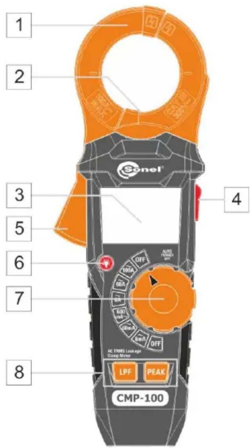 1 2 3 4 5 6 7 8 Sonel® AUTO POWER OFF 10mA 60A 6A 600 mA 60mA 6mA OFF AC TRMS Leakage Clamp Meter LPF PEAK CMP-100