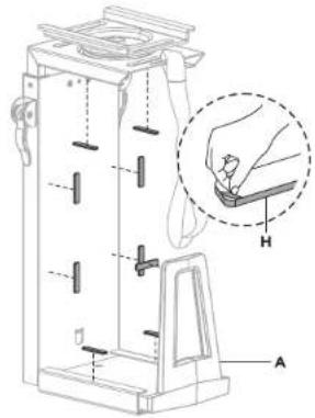 Technical diagram of a mechanical device with labeled parts and an inset showing a hand holding a component labeled H.