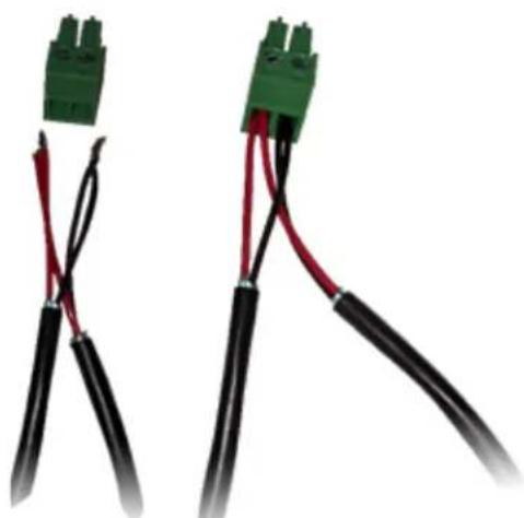 Two black cable connectors with green and red wires, shown from different angles (no text or symbols visible)