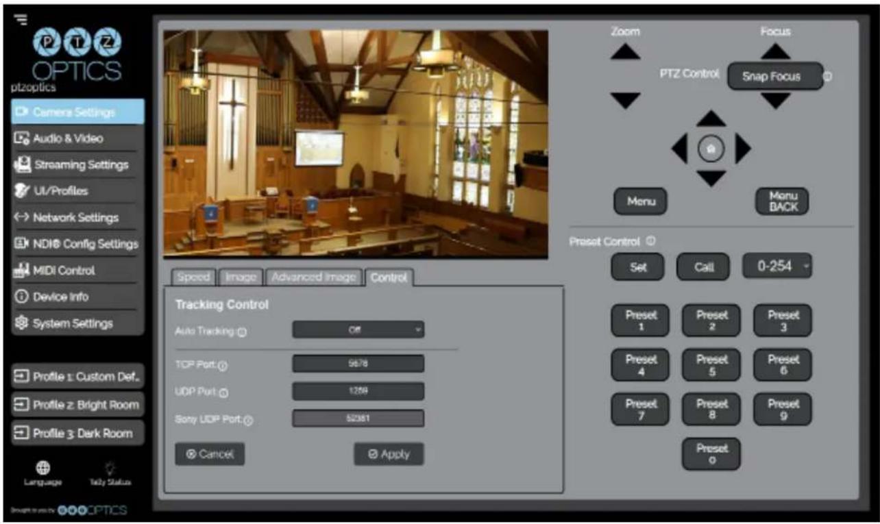 OPTICS ptzoptics Camera Settings Audio & Video Streaming Settings UI/Profiles Network Settings NDI® Config Settings MIDI Control Device Info System Settings Profile 1: Custom Def. Profile z: Bright Room Profile 3: Dark Room Language Italy Status Zoom Focus PTZ Control Snap Focus Menu Menu BACK Speed…