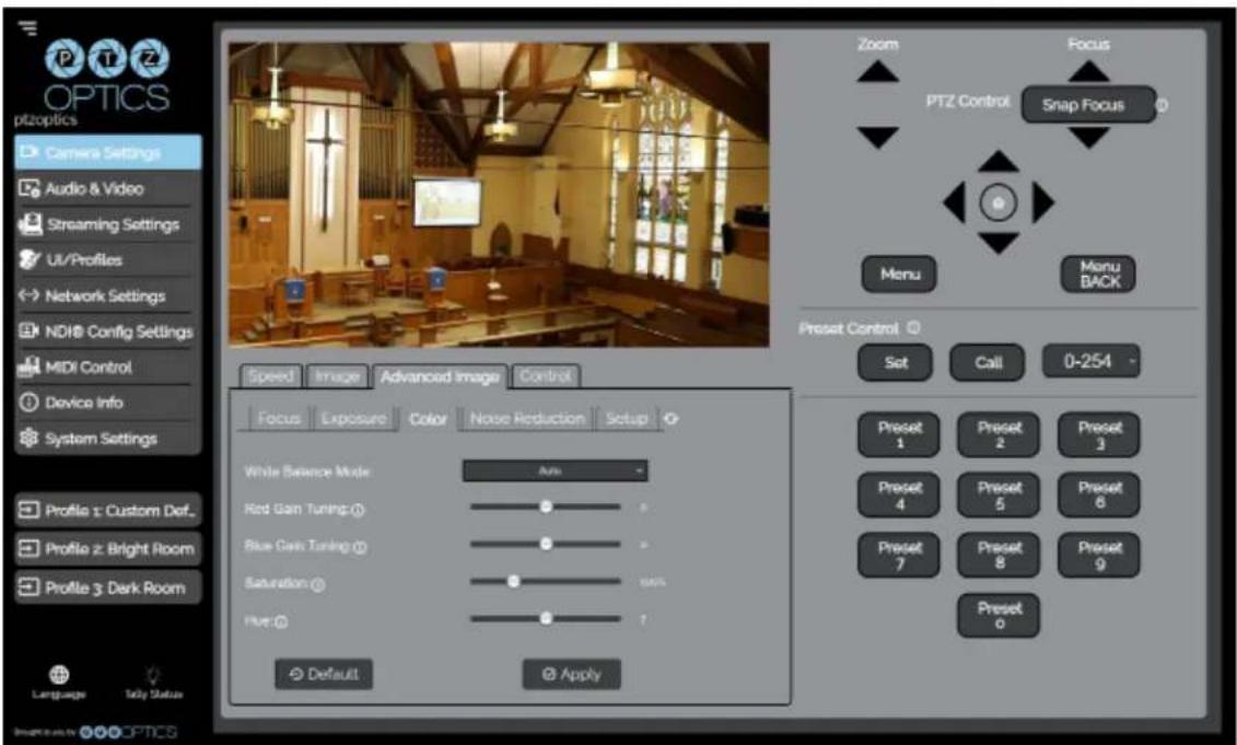 OPTICS pitzoptics Camera Settings Audio & Video Streaming Settings UI/Profiles Network Settings NDI® Config Settings MIDI Control Device Info System Settings Profile 1: Custom Def... Profile 2: Bright Room Profile 3: Dark Room Language Tally Status Zoom Focus PTZ Control Snap Focus Menu Menu BACK Pr…