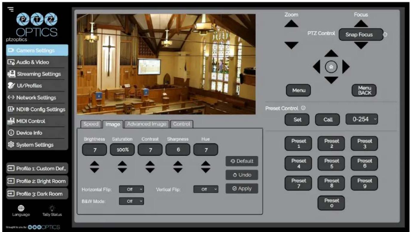 OPTICS ptzoptics Camera Settings Audio & Video Streaming Settings UI/Profiles Network Settings NDI® Config Settings MIDI Control Device Info System Settings Profile 1: Custom Def.. Profile 2: Bright Room Profile 3: Dark Room Language Tally Status Brought to you by OPTICS Speed Image Advanced Image C…
