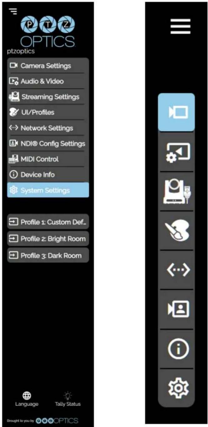 OPTICS ptzoptics Camera Settings Audio & Video Streaming Settings UI/Profiles Network Settings NDI® Config Settings MIDI Control Device Info System Settings Profile 1: Custom Def_ Profile 2: Bright Room Profile 3: Dark Room Language Tally Status Brought to you by OPTICS