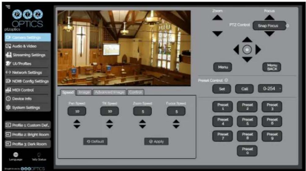 OPTICS ptzoptics Camera Settings Audio & Video Streaming Settings UV/Profiles Network Settings NDB Config Settings MIDI Control Device Info System Settings Profile 1: Custom Def. Profile 2: Bright Room Profile 3: Dark Room Language Tally Status Speed Image Advanced Image Control Pan Speed 10 Ttl Spe…