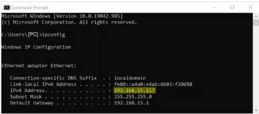 Microsoft Windows [Version 10.0.19042.985] (c) Microsoft Corporation. All rights reserved. C:\Users\[PC]>ipconfig Windows IP Configuration Ethernet adapter Ethernet: Connection-specific DNS Suffix . : localdomain Link-local IPv6 Address . . . . . : fe80::a4a0:e4a6:6b03:f206%8 IPv4 Address. . . . . .…