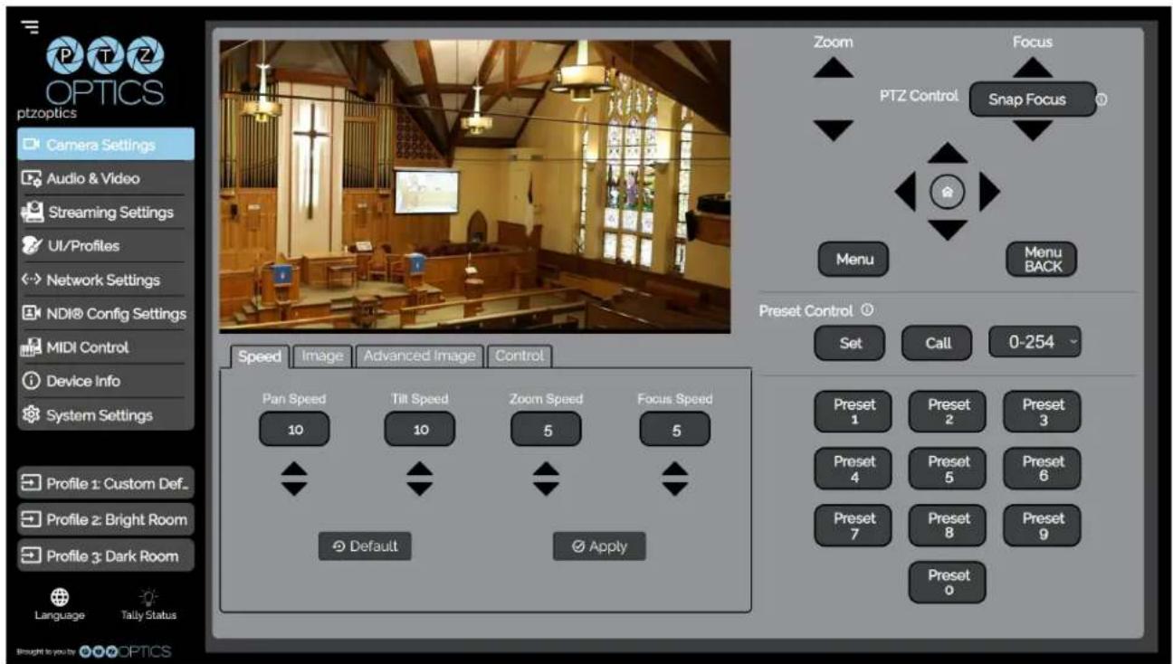 OPTICS ptzoptics Camera Settings Audio & Video Streaming Settings UI/Profiles Network Settings NDI® Config Settings MIDI Control Device Info System Settings Profile 1: Custom Def... Profile 2: Bright Room Profile 3: Dark Room Language Tally Status Zoom Focus PTZ Control Snap Focus Menu Menu BACK Pre…