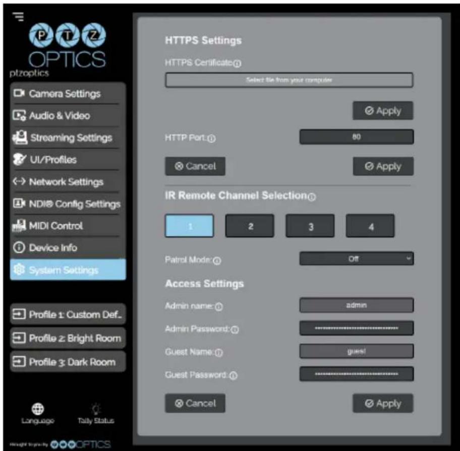 OPTICS PTZ optzoptics Camera Settings Audio & Video Streaming Settings UI/Profiles Network Settings NDI® Config Settings MIDI Control Device Info System Settings Profile 1: Custom Def_ Profile 2: Bright Room Profile 3: Dark Room Language Tally Status HTTPS Settings HTTPS Certificate: Select file fro…