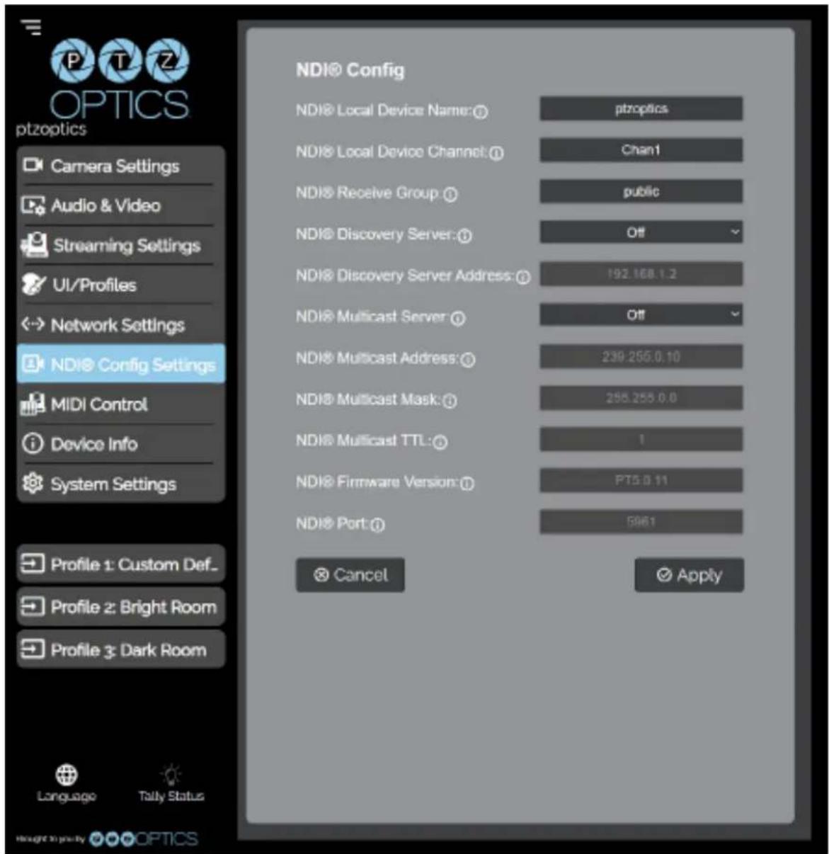 NDI® Config NDI® Local Device Name:① ptzoptics NDI® Local Device Channel:① Chan1 NDI® Receive Group:① public NDI® Discovery Server:① Off NDI® Discovery Server Address:① 192.168.1.2 NDI® Multicast Server:① Off NDI® Multicast Address:① 239.255.0.10 NDI® Multicast Mask:① 255.255.0.0 NDI® Multicast TTL:…