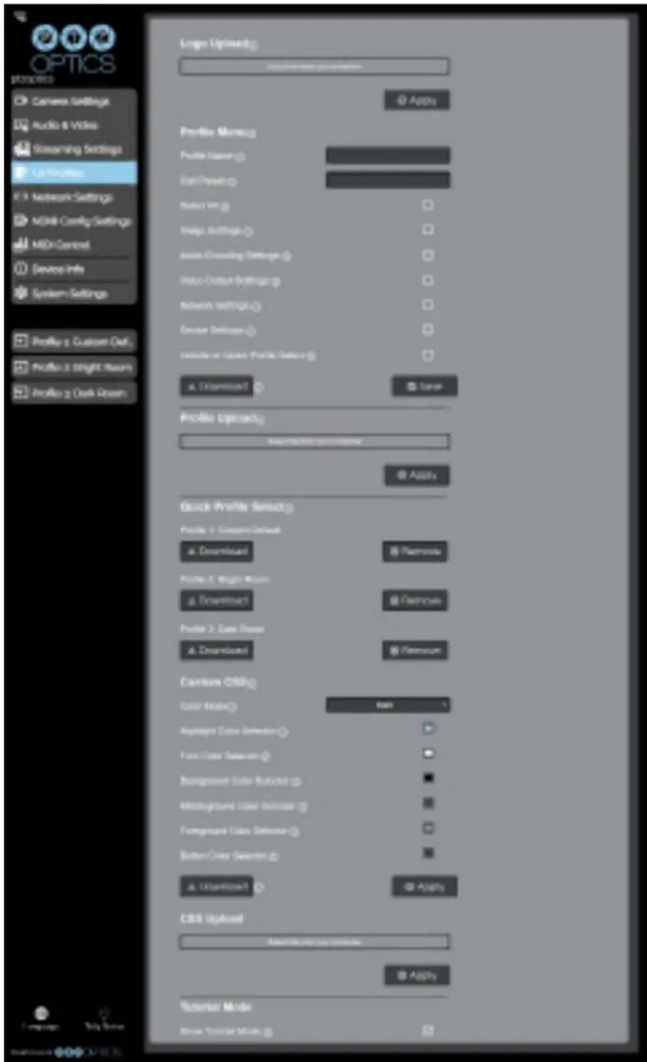 OPTICS Procedures Camera Settings Audio & Videos Screening Settings Auto-Box Network Settings MOH-Config Settings MDI-Control Server Info System Settings Profile 1: Custom Out Profile 2: Bright Room Profile 3: Dash Room Login Upgrade: Current Home Properties Apply Profile Memory Profile Name: East P…