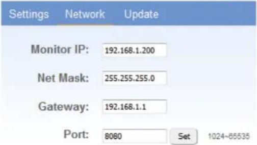 Settings Network Update Monitor IP: 192.168.1.200 Net Mask: 255.255.255.0 Gateway: 192.168.1.1 Port: 8080 Set 1024-65535