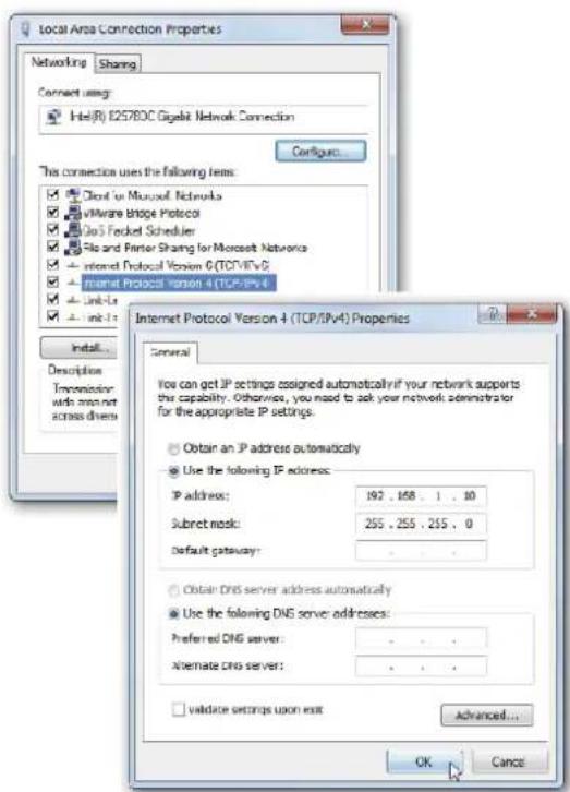 Local Area Connection Properties Networking Sharing Connect using: Intel(R) 8257BDC Gigabit Network Connection Configure... This connection uses the following items: Cloud for Microsoft Networks VMware Edge Protocol GioS Fccket Scheduler File and Printer Sharing for Microsoft Networks Internet Protocol Version 6 (TCP/IPv6) Internet Protocol Version 4 (TCP/IPv4) Link-Ls Link-Rs Internet Protocol Version 4 (TCP/IPv4) Properties General You can get IP settings assigned automatically if your network supports this capability. Otherwise, you need to ask your network administrator for the appropriate IP settings. Obtain an IP address automatically Use the following IP address: IP address: 192 , 168 , 1 , 30 Subnet mask: 255 , 255 , 255 , 0 Default gateway: Obtain DNS server address automatically Use the following DNS server addresses: Preferred DNS server: Alternate DNS server: validate settings upon exit Advanced... OK Cancel