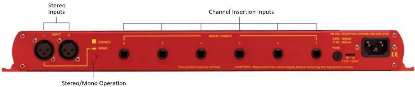 Stereo Inputs Channel Insertion Inputs L INPUT R STEREO MONO INSERT POINTS REHOR HEADPHONE DISTRIBUTION AMPLIFIER 230V 100mA 115V 200mA FUSE 111V - 230V STEPO/Mono Operation CAUTION: Disconnect the entire supply before removing the equipment covers.