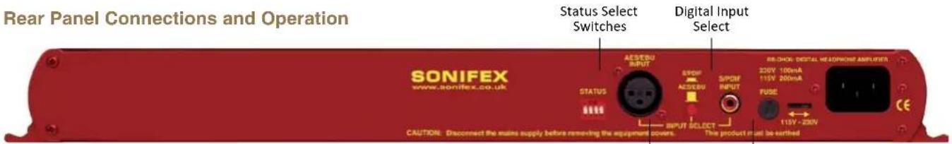 Rear Panel Connections and Operation Status Select Switches Digital Input Select SONIFEX www.sonifex.co.uk STATUS AE/SEDU INPUT S/PDF AE/SEDU S/PDF INPUT BI-CHOS: DIGITAL HEADPHONE AMPLIFIER 220V 100mA 115V 200mA FUSE 115V - 230V CAUTION: Disconnect the mains supply before removing the equipment cov…