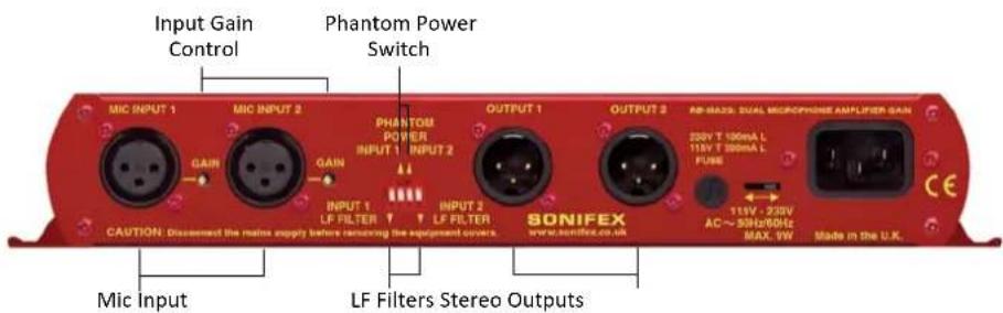 Input Gain Control Phantom Power Switch MIC INPUT 1 MIC INPUT 2 GAIN GAIN PHANTOM POWER INPUT 1 INPUT 2 INPUT 1 LF FILTER INPUT 2 LF FILTER BONIFEX www.bonifex.co.uk CAPTION: Disseemed the matrix supply before removing the equipment covers. Output 1 OUTPUT 2 230V T 100mA L 115V T 200mA L FUSE 115V -…