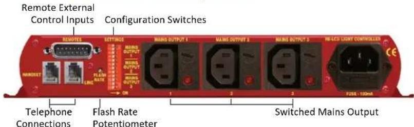 Remote External Control Inputs Configuration Switches REMOTE SETTINGS MAINS OUTPUT 1 MAINS OUTPUT 2 MAINS OUTPUT 3 MAINS OUTPUT 4 MAINS OUTPUT 5 HE-LCD LIGHT CONTROLLER MINISET FLASH RATE LINE OR 1 2 3 FUSE: 100mA Telephone Connections Flash Rate Potentiometer Switched Mains Output