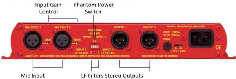 Input Gain Control Phantom Power Switch MIC INPUT 1 MIC INPUT 2 DAIN DAIN PHANTOM PC BER INPUT 1 INPUT 2 INPUT 1 LF FILTER 1 LF FILTER OUTPUT 1 OUTPUT 2 330V 100mA 115V 250mA FUSE 115V - 250V CAUTION: Disconnected the saline supply before removing the equipment covers. This product must be earshed M…