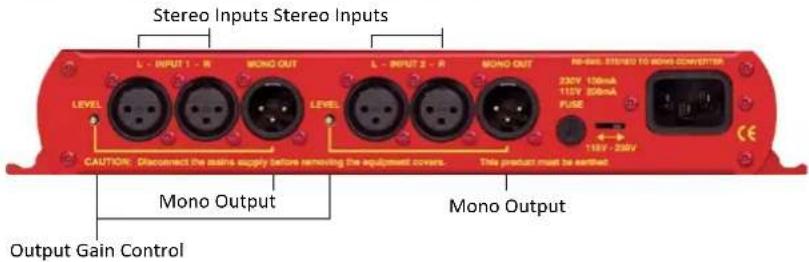 Stereo Inputs Stereo Inputs LEVEL L - INPUT 1 - M MONO OUT L - INPUT 2 - R MONO OUT RS-600 STUDIO TO WINS CONVERTING 230V 150mA 115V 200mA PULSE T18V - 250V CAUTION: Disconnect the saline supply before removing the equipment covers. This product must be sent to Mono Output Output Gain Control Mono O…