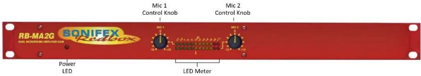 RB-MA2G SONIFEX Dual MICROPHONE AMPLIFIER CAN Power LED Mic 1 Control Knob Mic 2 Control Knob LED Meter