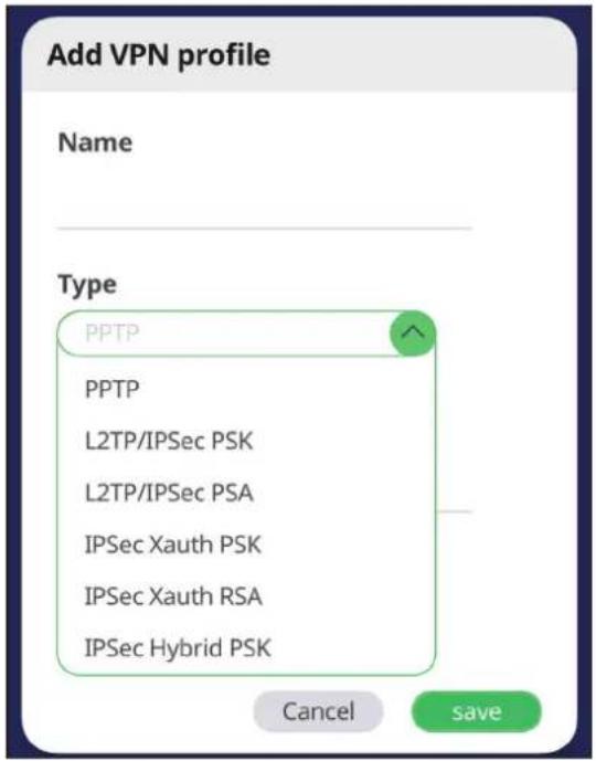 Add VPN profile Name Type PPTP PPTP L2TP/IPSec PSK L2TP/IPSec PSA IPSec Xauth PSK IPSec Xauth RSA IPSec Hybrid PSK Cancel save