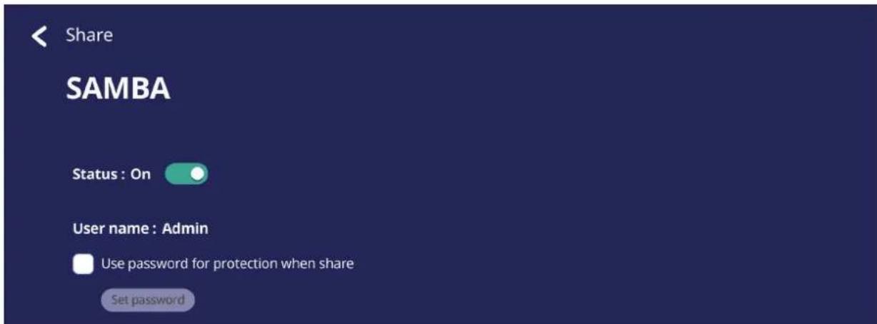 Share SAMBA Status : On User name : Admin Use password for protection when share Set password