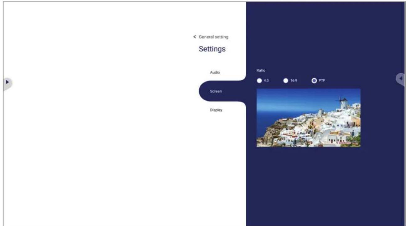General setting Settings Audio Screen Display Ratio 4:3 16:9 PTP A. Music 52