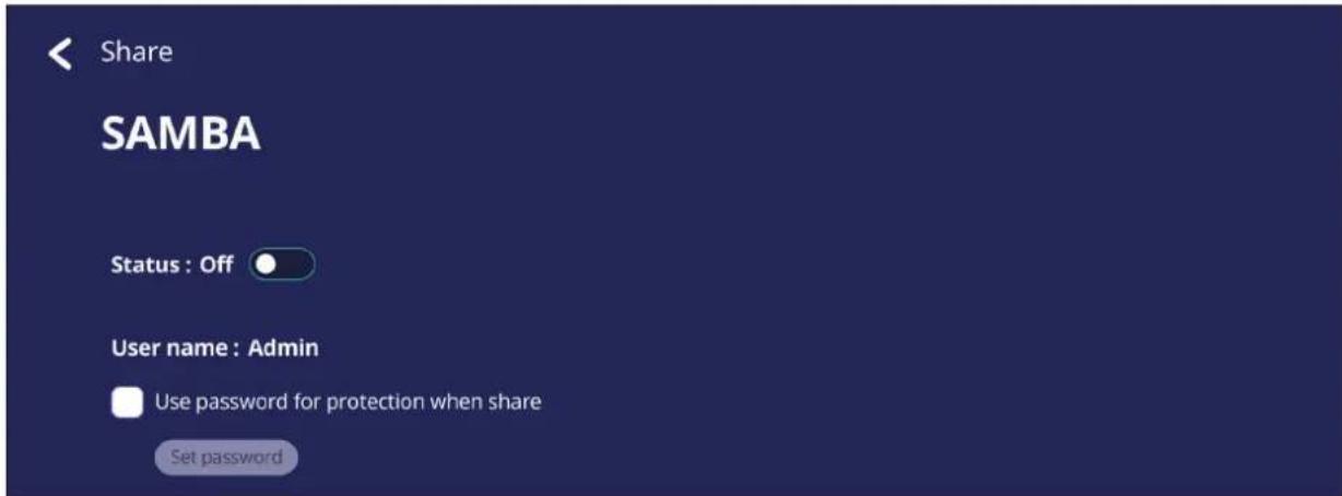 Share SAMBA Status : Off User name : Admin Use password for protection when share Set password
