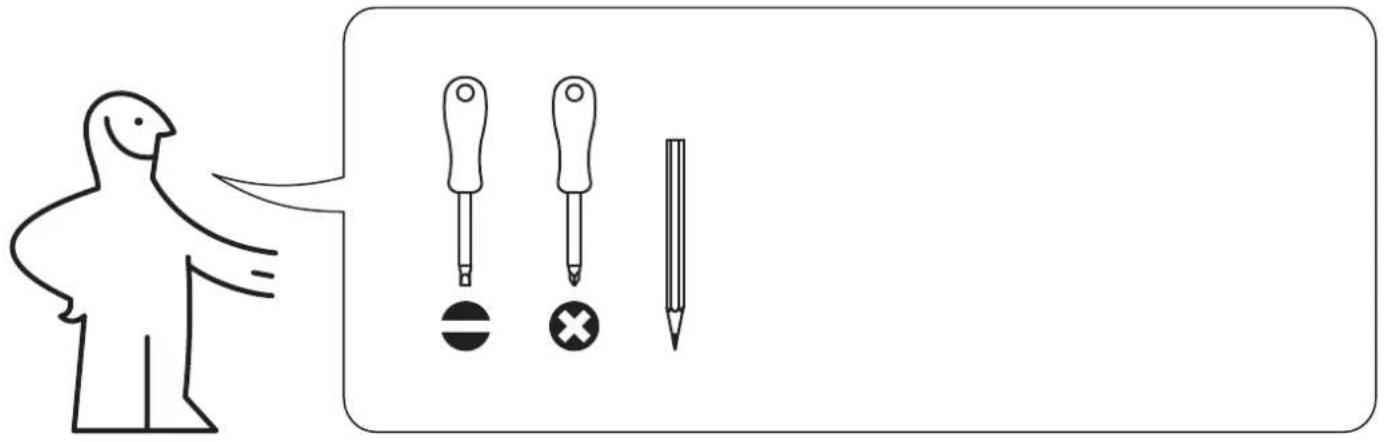 Diagram showing a person pointing to three screwdriver icons with symbols: circle, cross, and pencil, likely illustrating a basic electrical or mechanical concept.