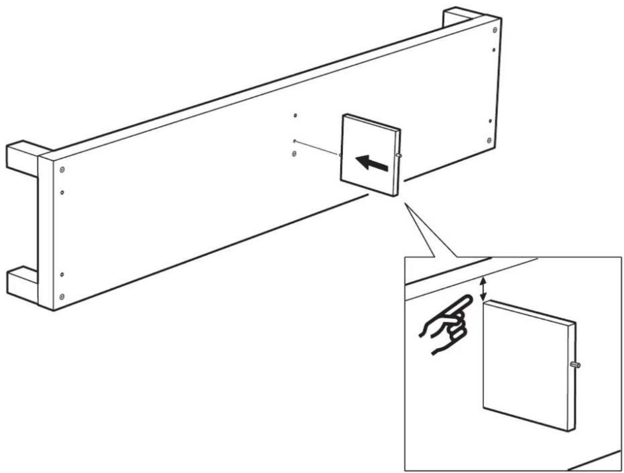 Technical diagram showing a mechanical assembly with an inset close-up of a hand holding a wall-mounted panel, labeled with directional arrows and angle θ.