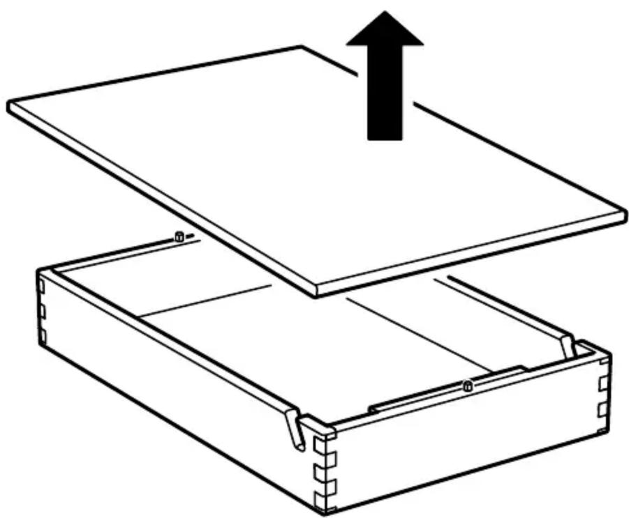 Diagramm einer mechanischen Baugruppe mit offenem Deckel und inneren Fächern, mit einem Pfeil nach oben (kein Text oder Symbole)