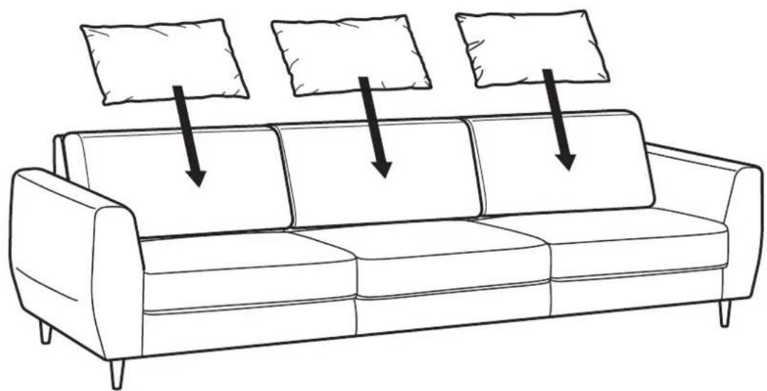Line drawing of a sofa with three pillows and downward arrows indicating compression or reduction points.