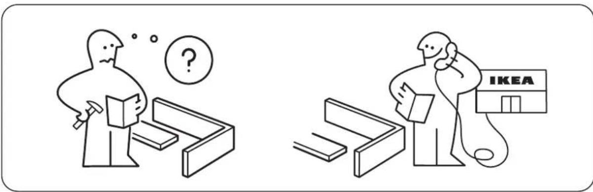 Illustration comparing two scenes: a person thinking with a question mark and another showing a person holding a device next to an IKEA store.