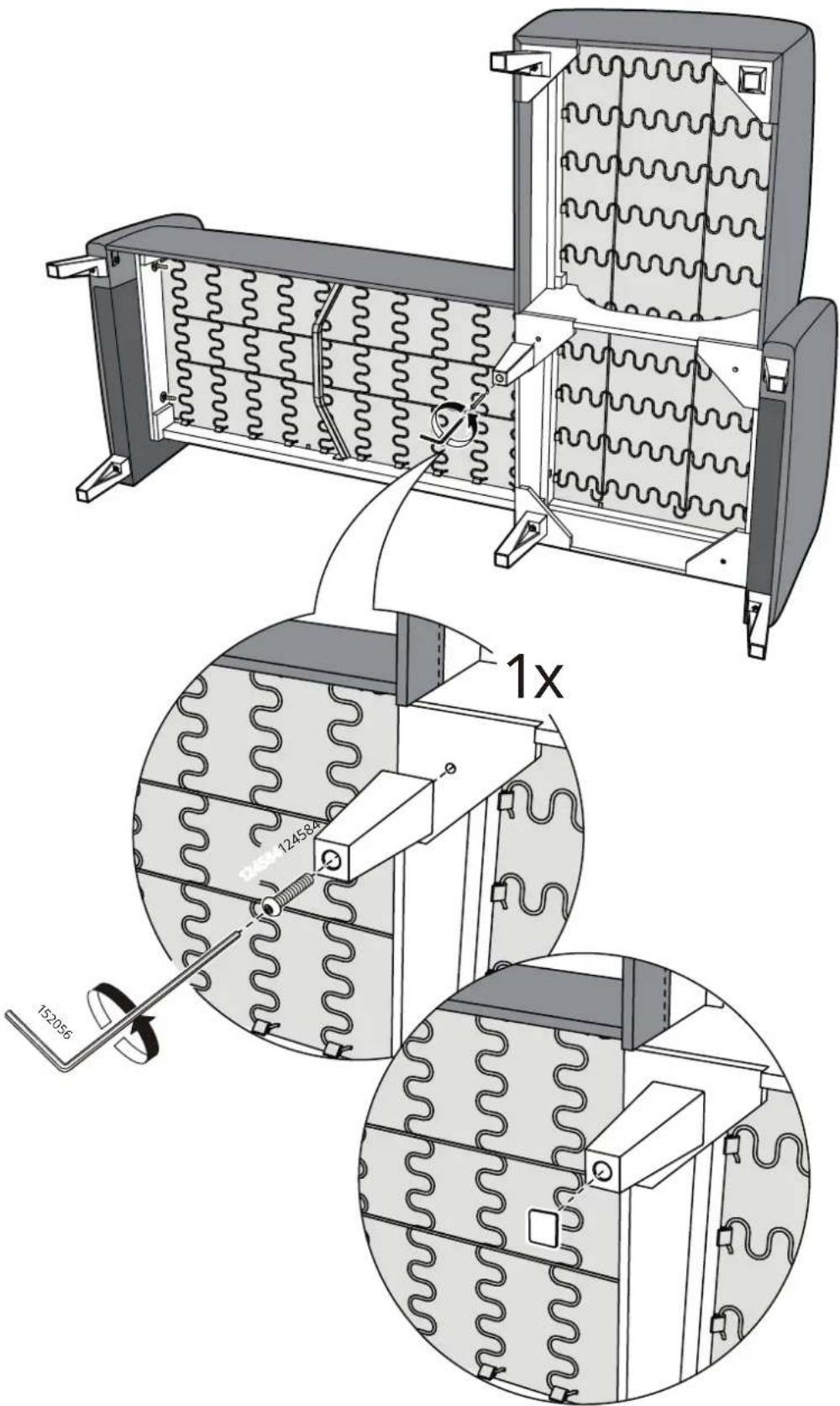 Technical diagram of a mechanical device with labeled components and dimensions, including spring coils and a 1x scaling indicator.