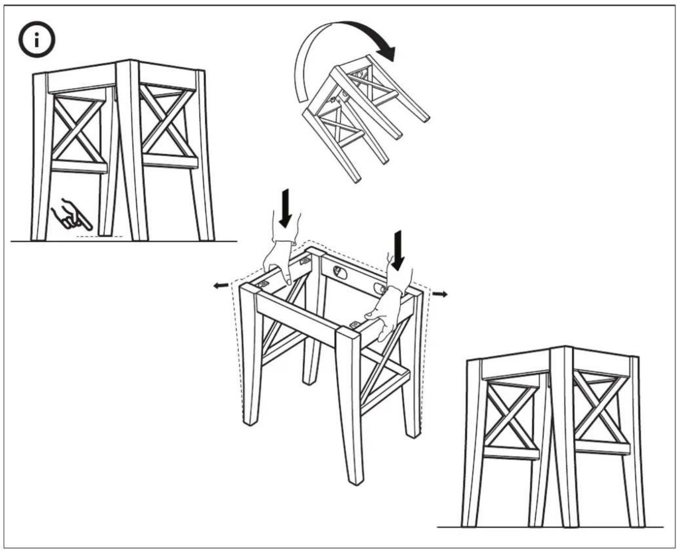 Technical diagram illustrating the step-by-step assembly of a wooden table structure, showing hand positioning and rotation.