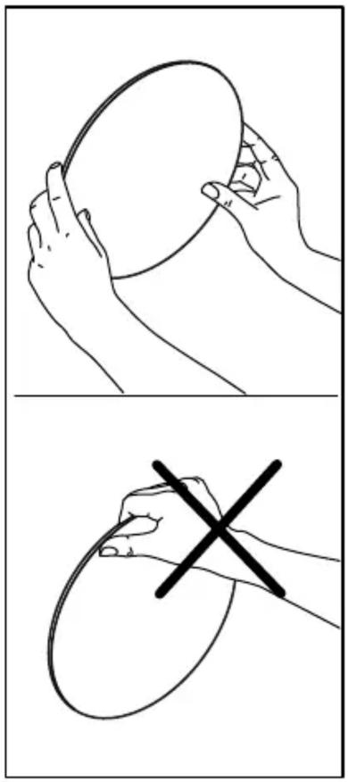 Diagram illustrating two steps of a hand holding a circular object, with a cross symbol indicating disassembly or reassembly.