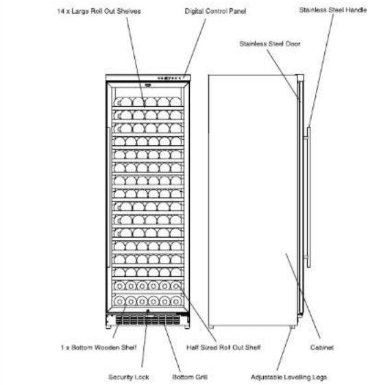 14 x Large Roll Out Shelves Digital Control Panel Stainless Steel Handle Stainless Steel Door 1 x Bottom Wooden Shelf Half Sized Roll Out Shelf Cabinet Security Lock Bottom Grill Adjustable Leveling Legs