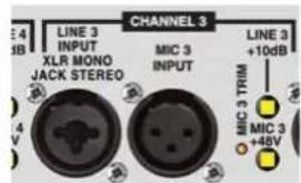 CHANNEL 3 LINE 3 INPUT XLR MONO JACK STEREO MIC 3 INPUT LINE 3 +10dB MIC 3 TRIM MIC 3 +48V